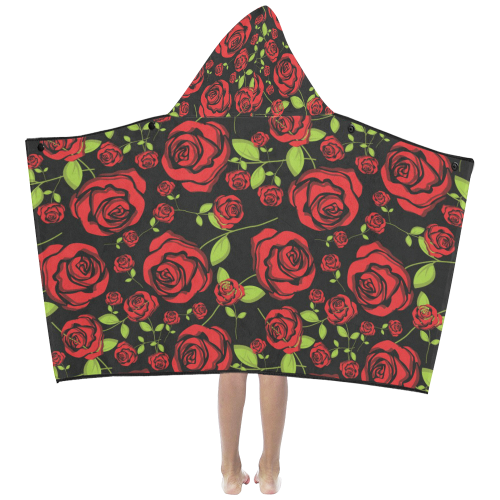 Red Roses on Black Kids' Hooded Bath Towels