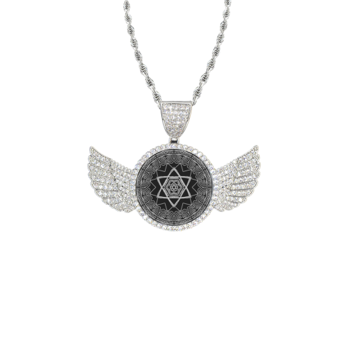 mandala 3D-18 Wings Silver Photo Pendant with Rope Chain