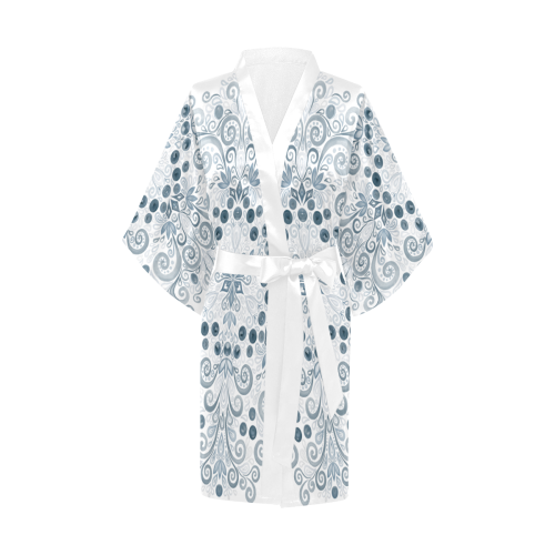 Blueberry Field, Blue, Watercolor Mandala on white Kimono Robe