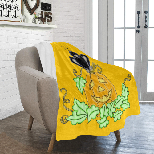 Halloween Crow And Pumpkin Yellow Ultra-Soft Micro Fleece Blanket 40"x50"