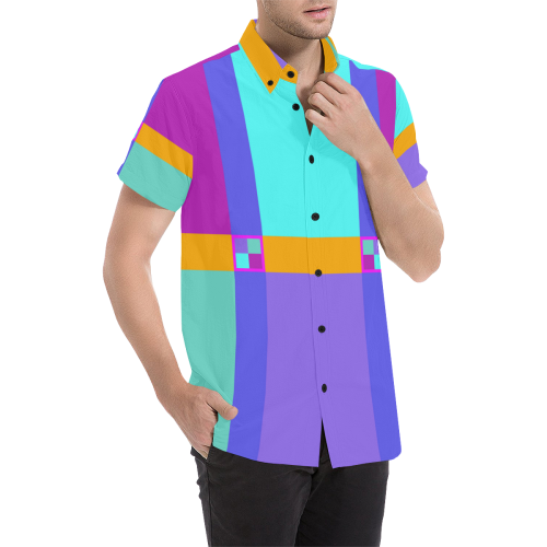 Colored Squares checkered Stripes Cross Men's All Over Print Short Sleeve Shirt (Model T53)