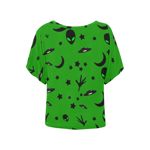 Alien Flying Saucers Stars Pattern on Green Women's Batwing-Sleeved Blouse T shirt (Model T44)