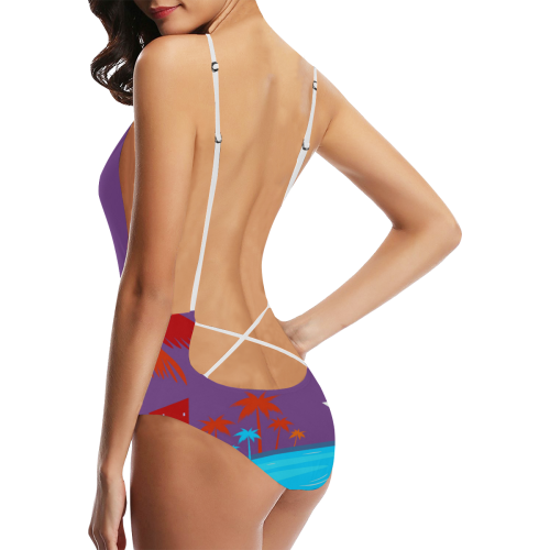 BIKINI EXOTIC POOL PINK BLUE Sexy Lacing Backless One-Piece Swimsuit (Model S10)
