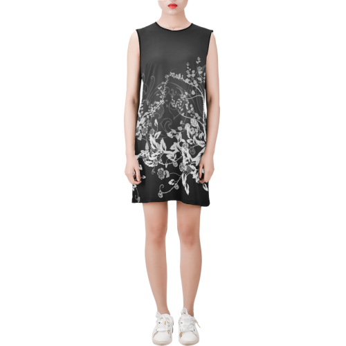 Flowers in black and white Sleeveless Round Neck Shift Dress (Model D51)