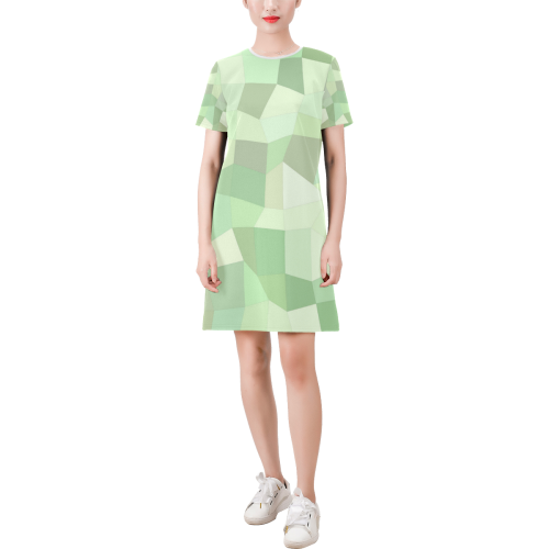 Pastel Greens Mosaic Short-Sleeve Round Neck A-Line Dress (Model D47)