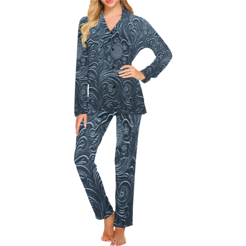 Embossed Blue Flowers Women's Long Pajama Set