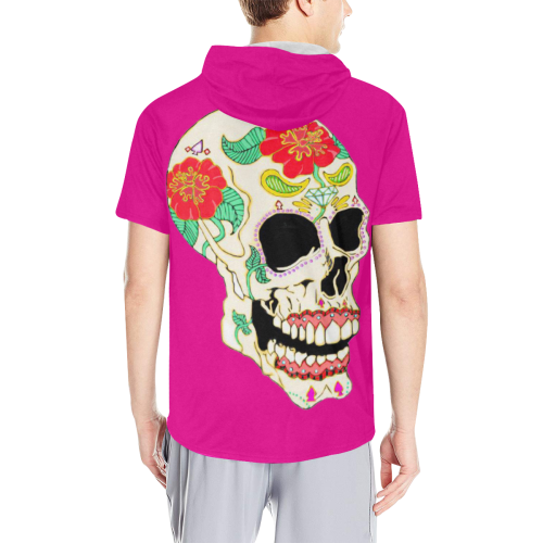 Flower Sugar Skull Pink All Over Print Short Sleeve Hoodie for Men (Model H32)