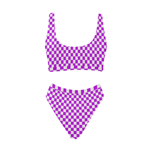 Bright Purple Gingham Sport Top & High-Waisted Bikini Swimsuit (Model S07)