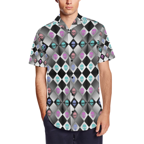 Checkered Skulls Men's Short Sleeve Shirt with Lapel Collar (Model T54)