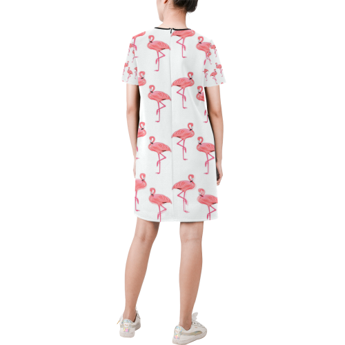 Classic Pink Flamingo Pattern Short-Sleeve Round Neck A-Line Dress (Model D47)