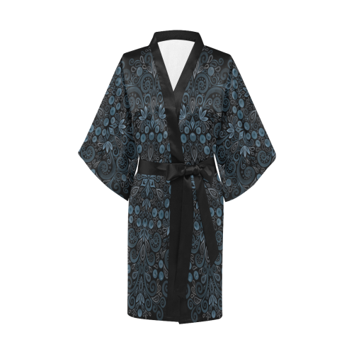 Blueberry Field, Blue, Watercolor Mandala on black Kimono Robe