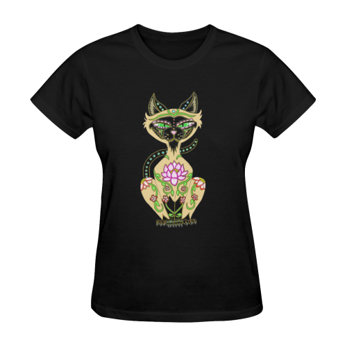 Siamese Cat Sugar Skull Black Women's T-Shirt in USA Size (Two Sides Printing)