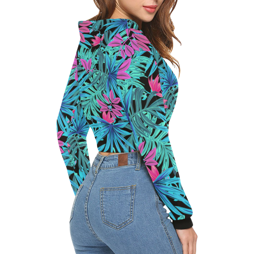 Tropical Aqua And Pink Leaves All Over Print Crop Hoodie for Women (Model H22)