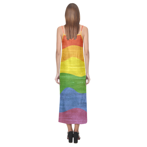 Gay Pride - Rainbow Flag Waves Stripes 3 V-Neck Open Fork Long Dress(Model D18)