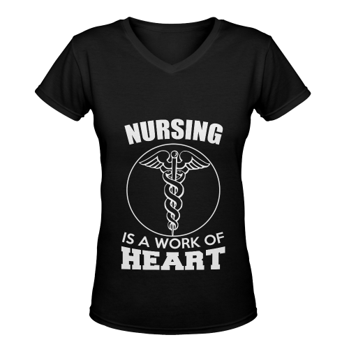 NURSING IS A WORK OF HEART BLACK Women's Deep V-neck T-shirt (Model T19)
