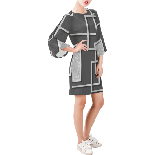 Grey and White Geometric Design By Me by Doris Clay-Kersey Bell Sleeve Dress (Model D52)