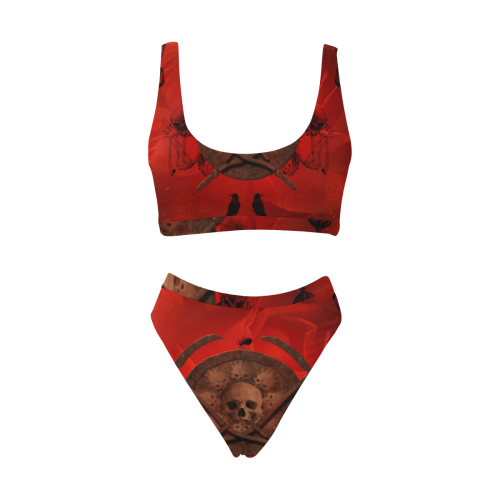 Skulls on red vintage background Sport Top & High-Waisted Bikini Swimsuit (Model S07)