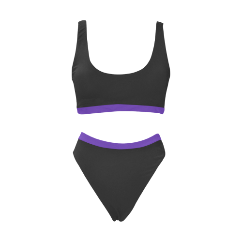 basic black with purple trim Sport Top & High-Waisted Bikini Swimsuit (Model S07)