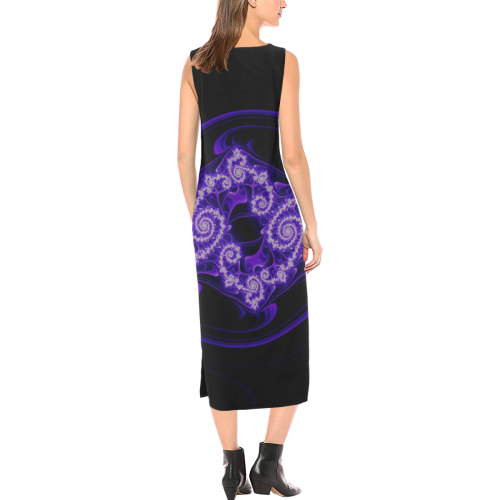 Delicate Purple Blue White Lace Fractal Abstract Phaedra Sleeveless Open Fork Long Dress (Model D08)