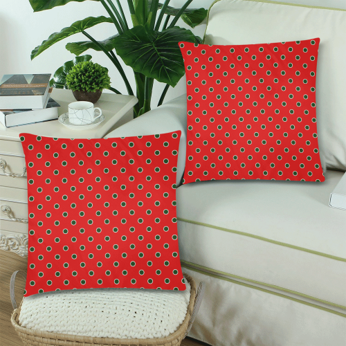 Green Polka Dots on Red Custom Zippered Pillow Cases 18"x 18" (Twin Sides) (Set of 2)