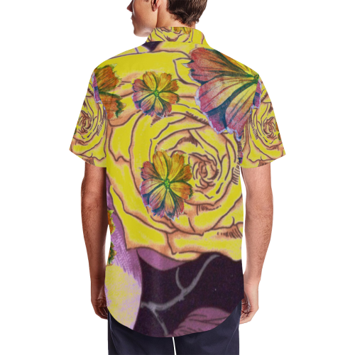 Watercolor Flowers Yellow Purple Green Men's Short Sleeve Shirt with Lapel Collar (Model T54)