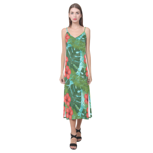 Tropical Vacation V-Neck Open Fork Long Dress(Model D18)