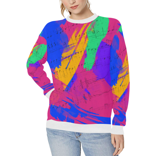 Groovy Paint Brush Strokes with Music Notes Women's Rib Cuff Crew Neck Sweatshirt (Model H34)