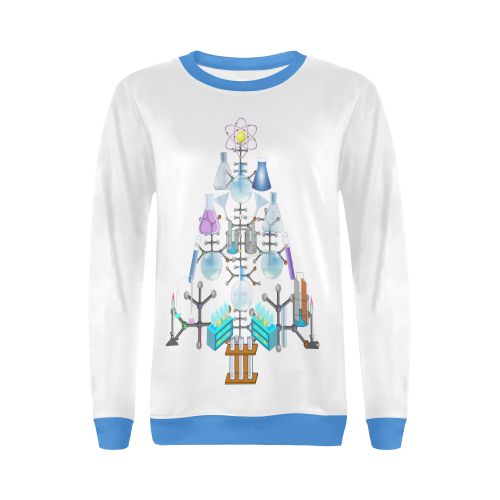 Oh Chemist Tree, Oh Chemistry, Science Christmas Blue and White All Over Print Crewneck Sweatshirt for Women (Model H18)