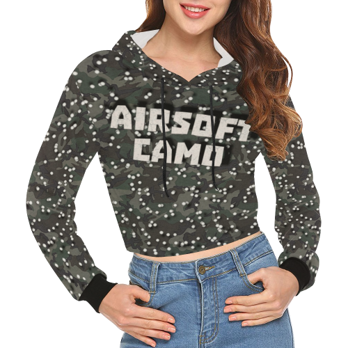 funny airsoft and paintball gamer woodland camouflage design parody All Over Print Crop Hoodie for Women (Model H22)