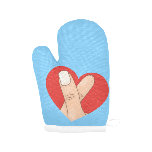 Red Heart Fingers on Blue Oven Mitt (Two Pieces)