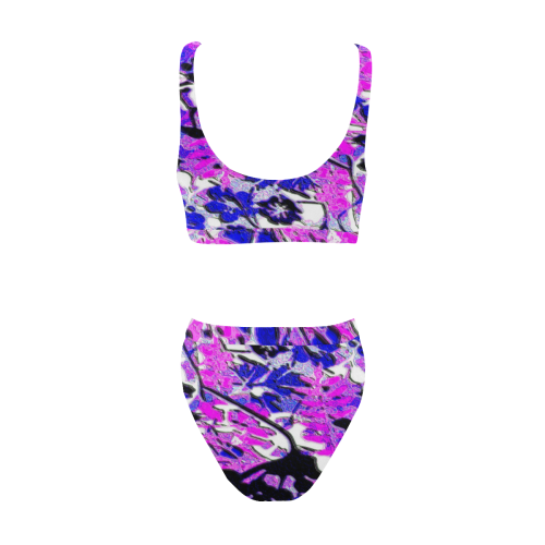 Bright floral abstract in blues and pink Sport Top & High-Waisted Bikini Swimsuit (Model S07)