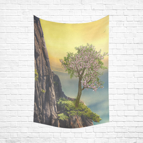 Mountain And A Cherry Tree Cotton Linen Wall Tapestry 60"x 90"