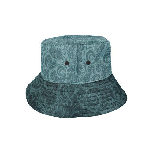 Denim with vintage floral pattern, dark green teal All Over Print Bucket Hat for Men