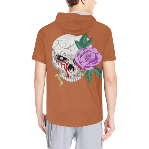 Skull Rose Pink Rust All Over Print Short Sleeve Hoodie for Men (Model H32)