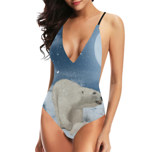 Polar bear mum with polar bear cub Sexy Lacing Backless One-Piece Swimsuit (Model S10)