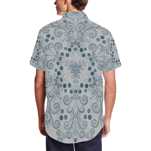 Blueberry Field, Blue, Watercolor Mandala on gray Men's Short Sleeve Shirt with Lapel Collar (Model T54)