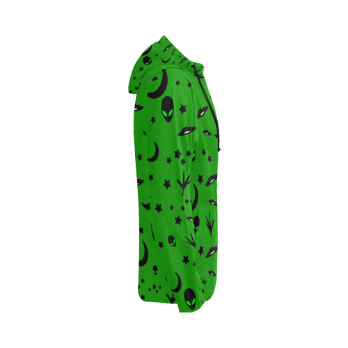 Alien Flying Saucers Stars Pattern on Green All Over Print Full Zip Hoodie for Women (Model H14)