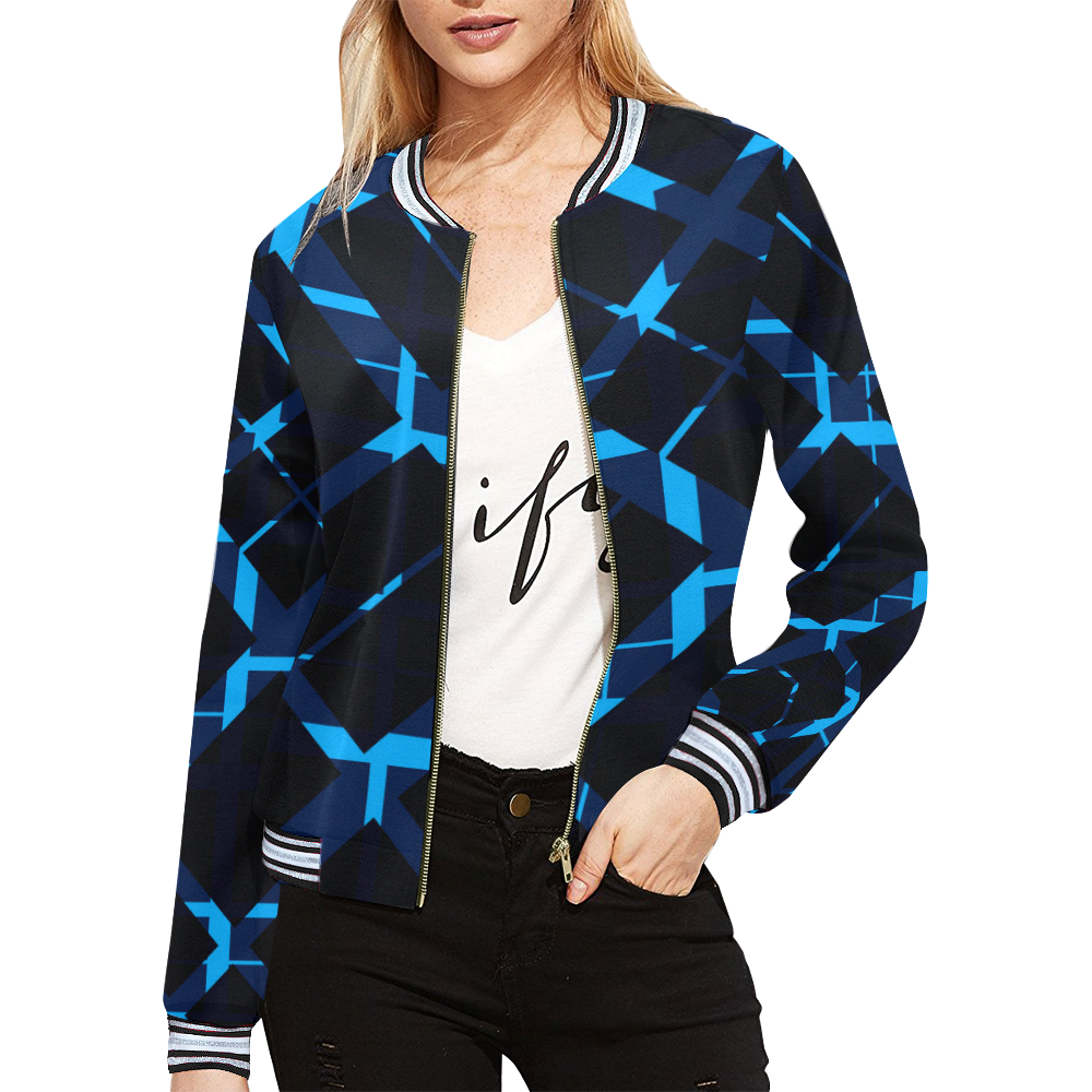 Diagonal Blue & Black Plaid Modern Style All Over Print Bomber Jacket for Women (Model H21) ID