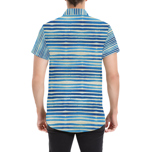 Watercolor STRIPES grunge pattern - blue Men's All Over Print Short Sleeve Shirt (Model T53)