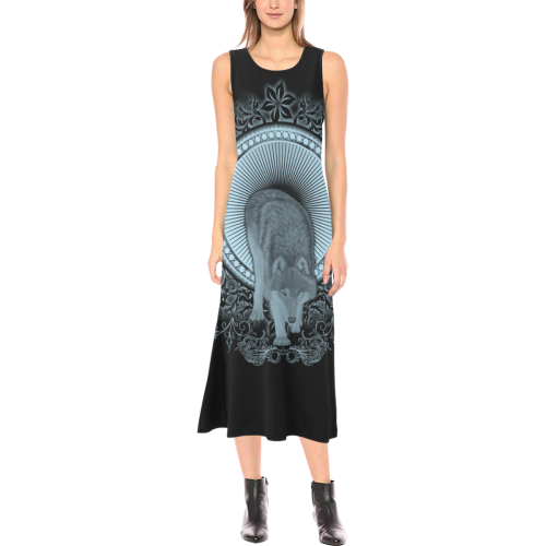 Wolf in black and blue Phaedra Sleeveless Open Fork Long Dress (Model D08)