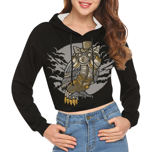 Retro Futurism Steampunk Electic World Owl 2 All Over Print Crop Hoodie for Women (Model H22)