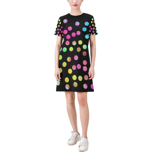 Multicolor Dots Black. Inspired by the Magic Island of Gotland. Short-Sleeve Round Neck A-Line Dress (Model D47)