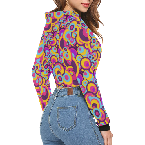 Retro Circles Groovy Violet, Yellow, Blue Colors All Over Print Crop Hoodie for Women (Model H22)