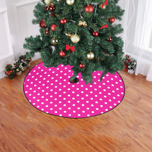 Polka Dots White on Hot Pink Christmas Tree Skirt 47" x 47"