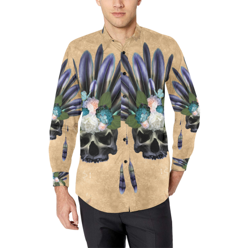 Cool skull with feathers and flowers Men's All Over Print Casual Dress Shirt (Model T61)