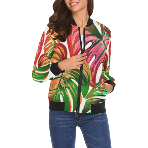 Pretty Leaves D by JamColors All Over Print Bomber Jacket for Women (Model H19)