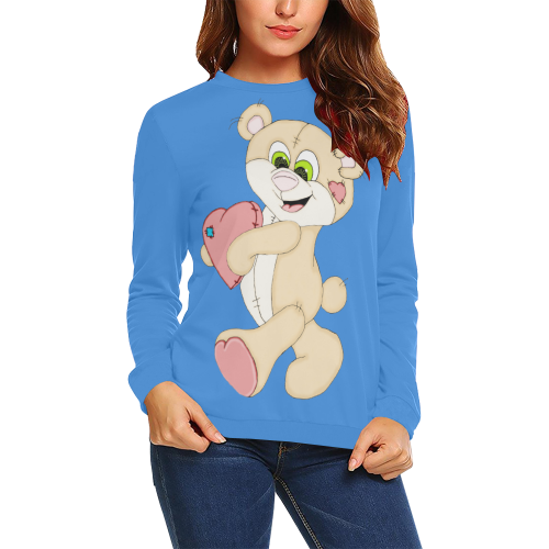 Patchwork Heart Teddy Blue All Over Print Crewneck Sweatshirt for Women (Model H18)