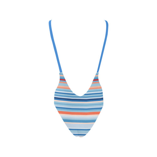 blue and coral stripe 2 Sexy Low Back One-Piece Swimsuit (Model S09)