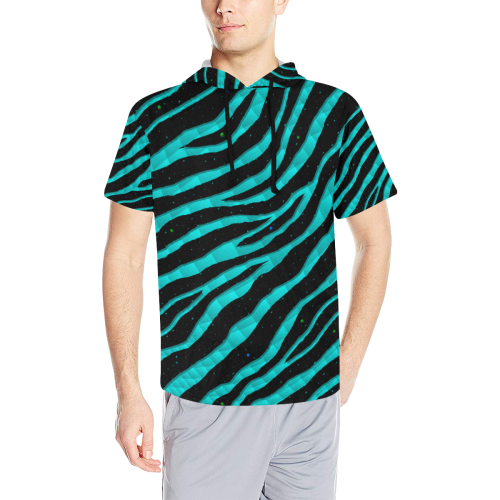 Ripped SpaceTime Stripes - Cyan All Over Print Short Sleeve Hoodie for Men (Model H32)
