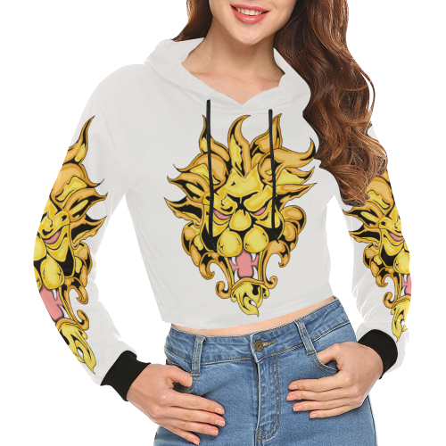 Gold Metallic Lion White All Over Print Crop Hoodie for Women (Model H22)